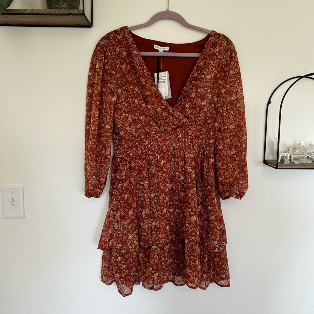 NWT Spirit of Grace Ditsy Floral Long Sleeve V Neck Mini Dress Size XL‎